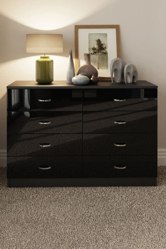 Image of FWStyle FWStyle Large 8 Drawer High Gloss Chest Of Drawers in Black One Size Male 5056413121240