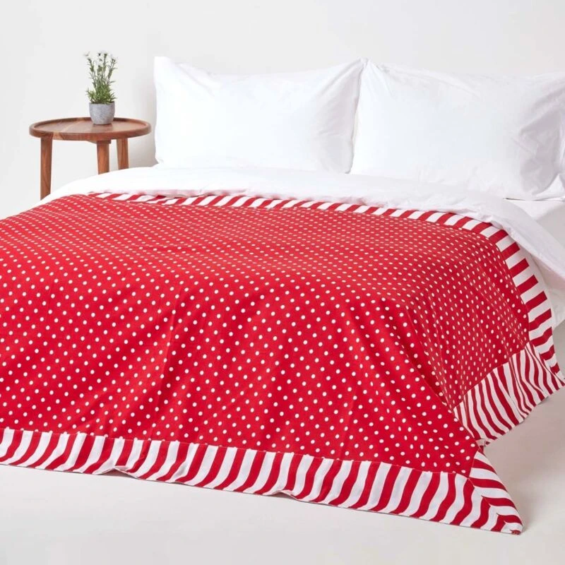 Image of Homescapes Cotton Polka Dots and Stripes Sofa Throw Red