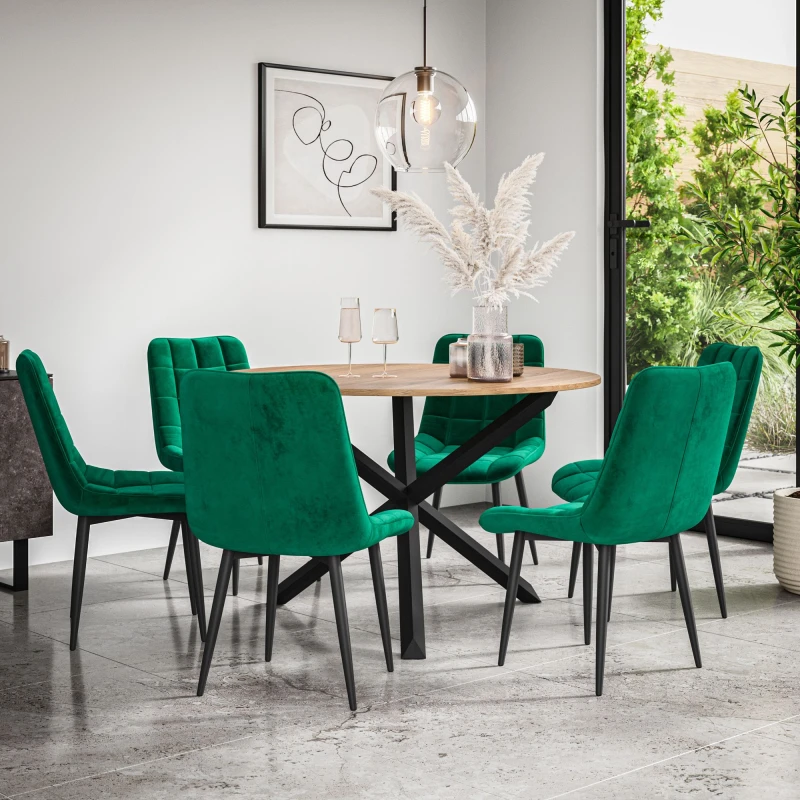Image of More4Homes Malvern Round Dining Table And Chairs - Oak Table Top W Solid Black Oak Legs + Nova Velvet Dining Chair Set Of 6 (Green)