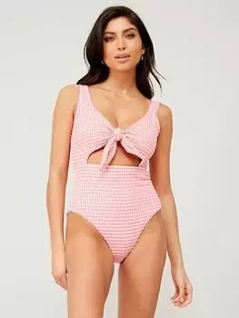Image of PIECES Pieces Gingham Tie Front Swimsuit - Pink, Size S, Women