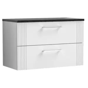Image of Nuie Deco Satin White 800mm Wall Hung 2 Drawer Vanity Unit with Sparkling Black Laminate Worktop - DPF195LSB - Satin White