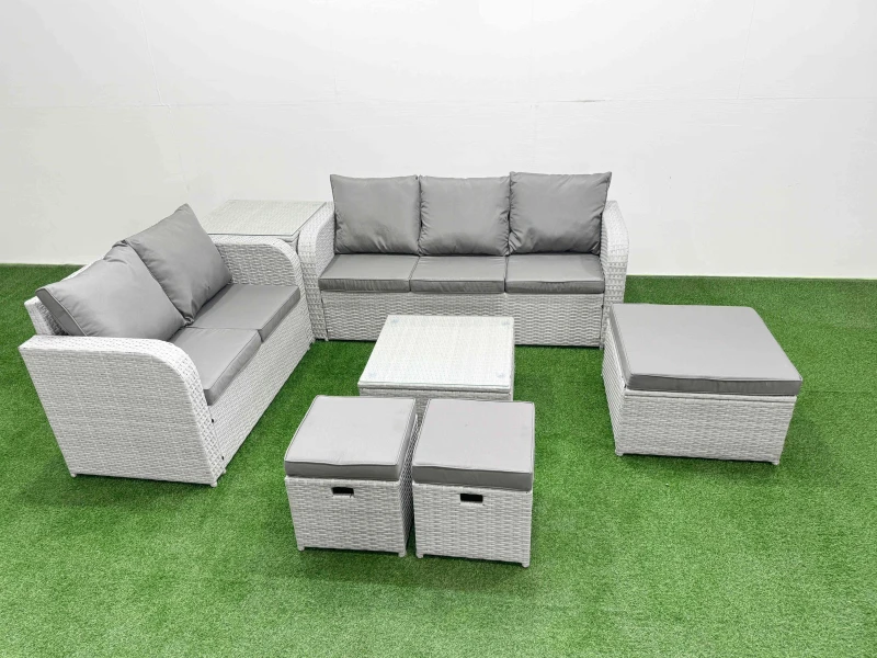 Image of Fimous 8 Seater PE Rattan Wicker Garden Furniture Patio Conservatory Sofa Set with Square Coffee Table 3 Seater Sofa Love Sofa 3 Stool Side Table Ligh