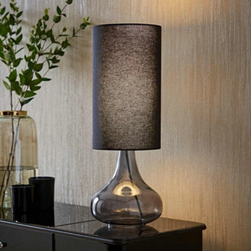 Image of ValueLights ValueLights Sylvie Black Linen Tall Shade Smoked Glass Teardrop Squat Table Lamp Black One Size Unisex 5016529271796