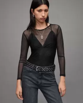Image of AllSaints Womens Nyla Lace Bodysuit, Black, Size: 16