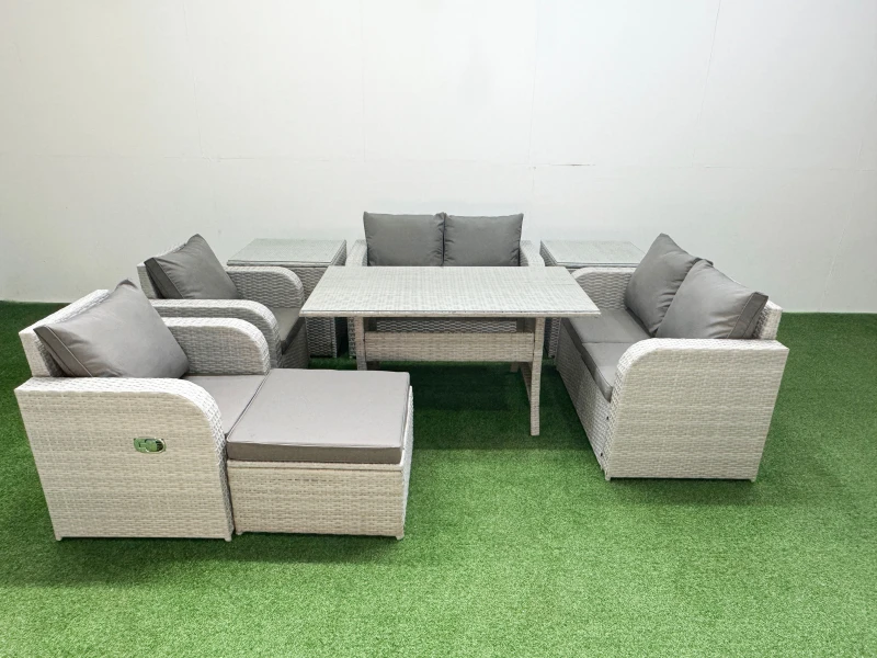 Image of Fimous 7 Seater Outdoor Reclining Chair Love Sofa Set Rattan Garden Furniture Set with Rectangular Dining Table Footstool 2 Side Tables Light Grey Lig