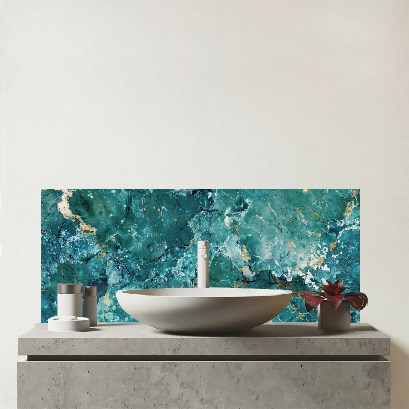 Image of Warren Reed - Designer Bright Teal Quartz Effect Glass Bathroom Splashback Teal Unisex