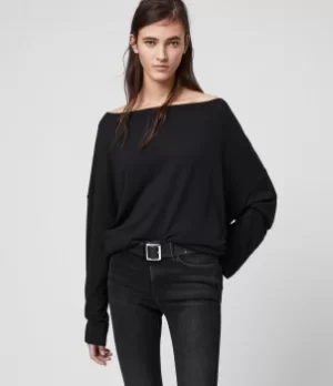 Image of AllSaints Womens Rita Loose and Oversized Long Sleeve Dropped Shoulder T-Shirt, Black, Size: XS