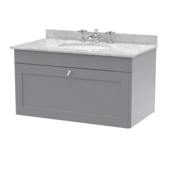 Image of nuie 800mm Wall Hung 1 Drawer Vanity & Marble Top 3TH - Satin Grey CLC296GR3