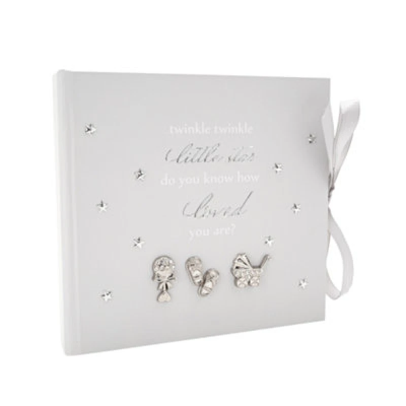 Image of Happy Homewares Baby Keepsake Photo Album With Silver Plated Rattle Pram And Booties