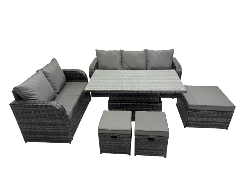 Image of Fimous Rattan Garden Furniture Dining Set 8-seater with 3 Footstools in Dark Grey Dark Grey Unisex