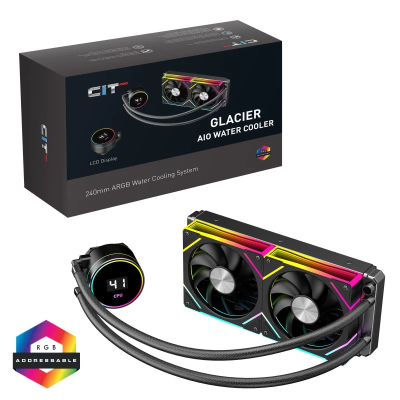 Image of CiT Pro Glacier 240mm LCD Temperature Display AIO Liquid Cooler - Black - CIT-PRO-GLB-240-LCD