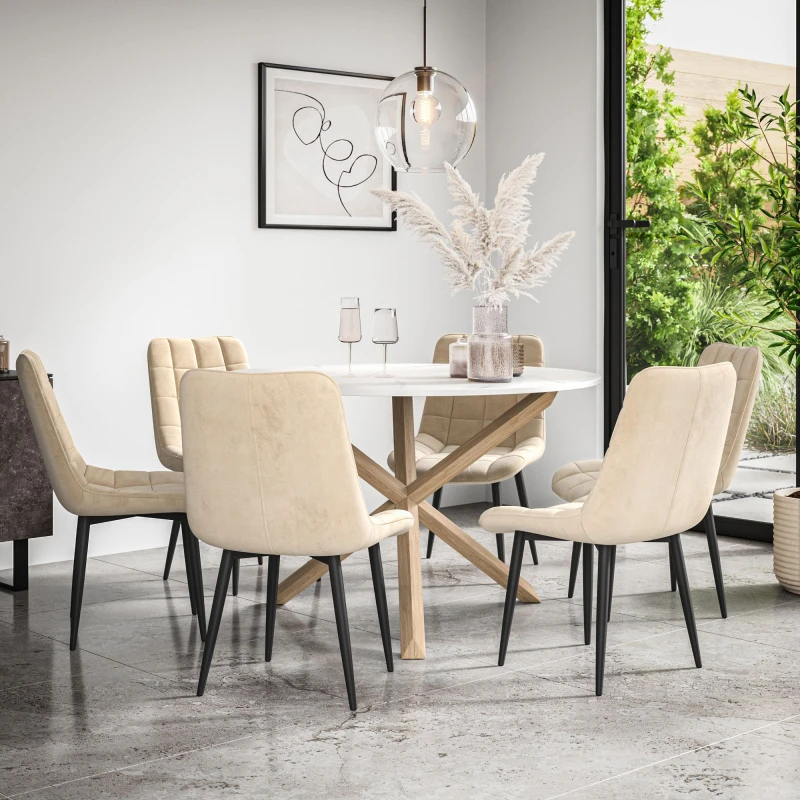 Image of More4Homes Malvern Round Dining Table And Chairs - Marble Table Top W Solid Oak Legs + Nova Velvet Dining Chair Set Of 6 (Beige)