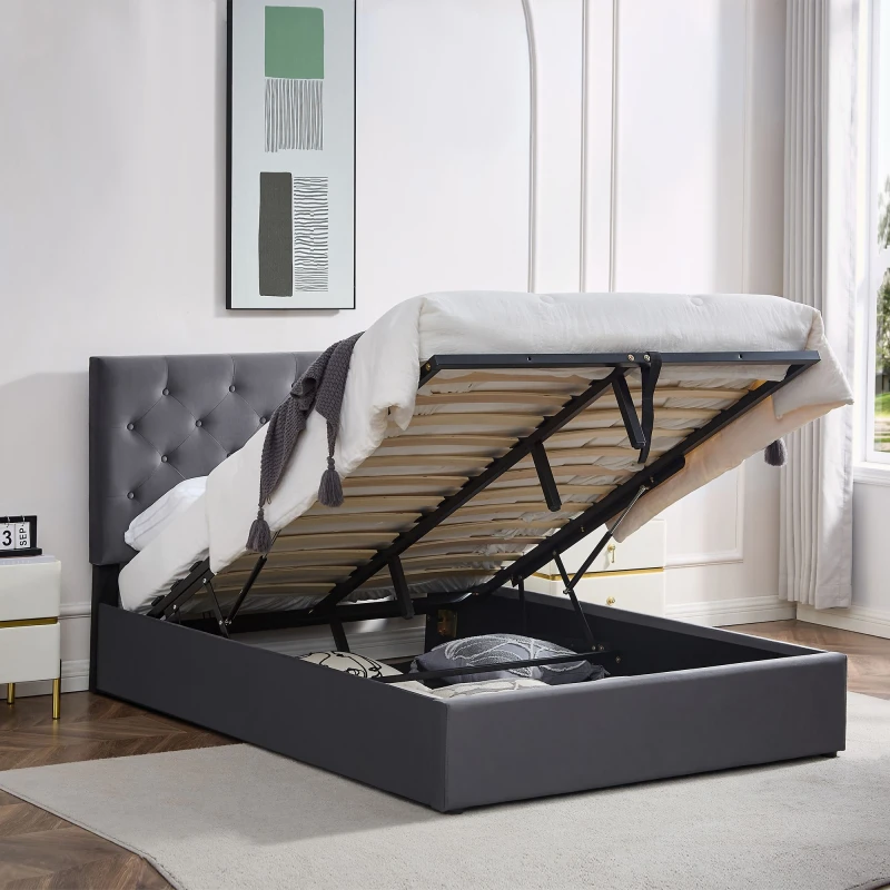 Image of FURNITURE ONE Ottoman Storage Bed Frame with Underbed Storage, Adjustable Headboard in Grey Size: Double Grey Unisex Double