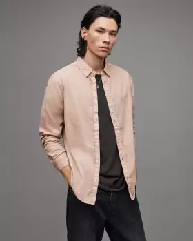 Image of AllSaints Mens Hawthorne Ramskull Stretch Fit Shirt, Clay Pink, Size: XL