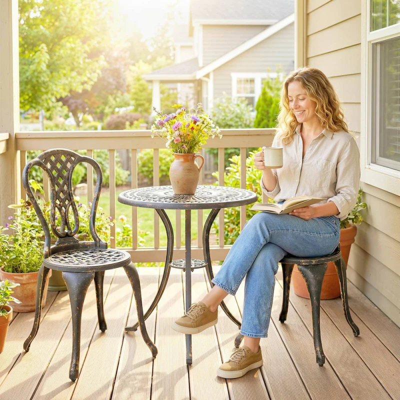 Image of OUTSUNNY Outdoor Bistro Set Cast Aluminium Patio Furniture for 2, Brown in Bronze Bronze Unisex