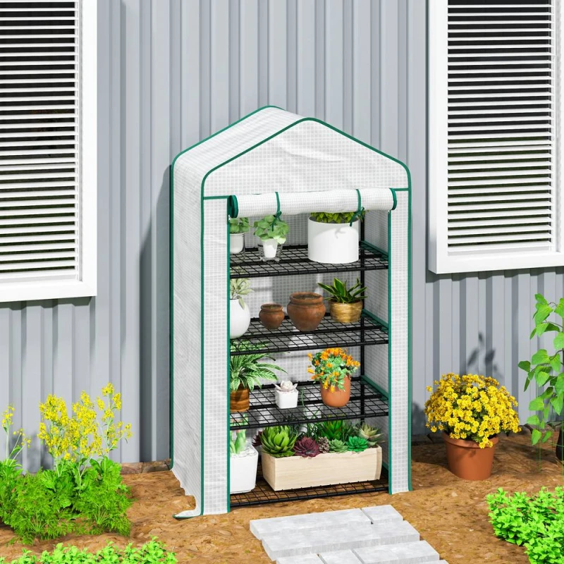 Image of OUTSUNNY 90 x 49 x 160cm Portable Mini Greenhouse with Shelves, White Size: 90 x 49 x 160cm White Unisex 90 x 49 x 160 cm