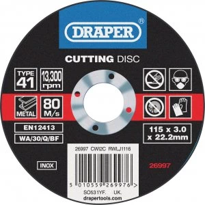 Image of Draper Inox Stainless Steel Metal Cutting Disc 115mm 3mm 22mm