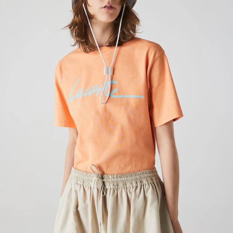 Image of Lacoste Crewneck Print Lettering Cotton T-Shirt - Orange Orange 8