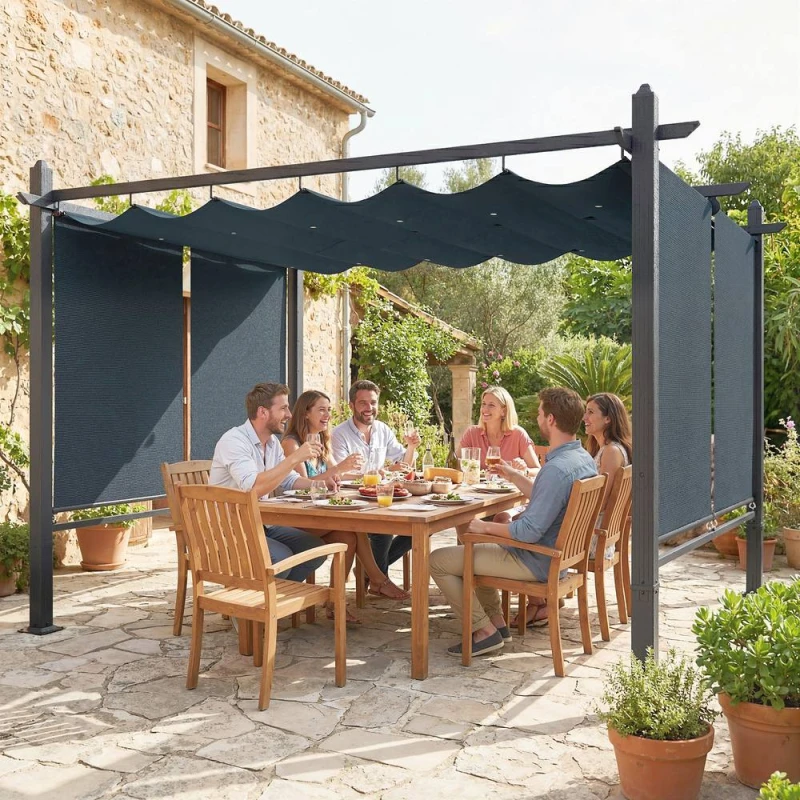 Image of OUTSUNNY Garden Pergola with Retractable Roof Canopy, Dark Grey Size: 4m x 3m Dark Grey Unisex 4m x 3m