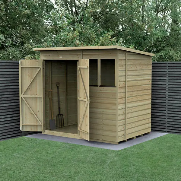 Image of 7' x 5' Forest Beckwood 25yr Guarantee Shiplap Pressure Treated Double Door Pent Wooden Shed (2.26m x 1.7m)