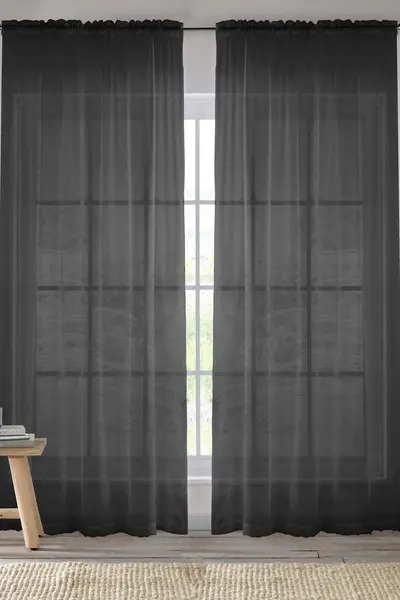 Image of Enhanced Living Sheer Plain Woven Voile Slot Top Curtain Panel Pair Black