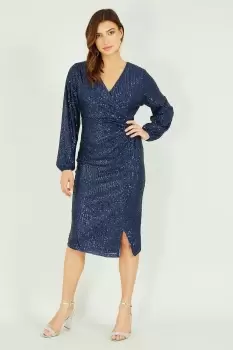 Image of Navy Sequin Ruched Wrap Long Sleeve Dress