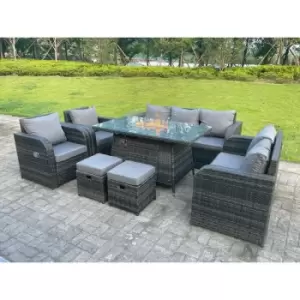 Image of Fimous 7 Seater Outdoor Dark Grey Rattan Lounge Complete Sofa Set with Gas Fire Pit, Reclining Chairs and 2 Stools