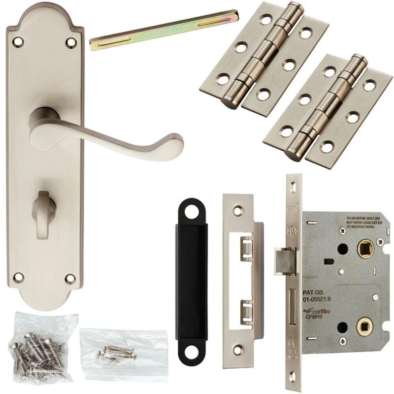 Image of Loops Door Handle & Bathroom Lock Pack Satin Chrome Victorian Scroll Ornate Backplate Multi