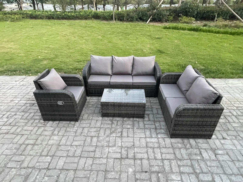 Image of Fimous Patio Garden Furniture Sets Wicker 6 Seater Outdoor Rattan Furniture Sofa Sets with Rectangular Coffee Table Reclining Chair Dark Grey unisex
