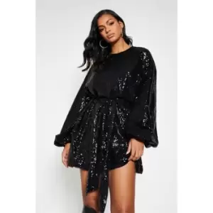 Image of I Saw It First Sequin Balloon Sleeve Tie Wasit Skater Dress - Black
