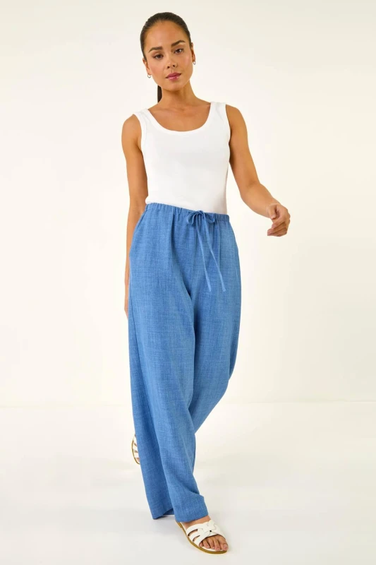 Image of Roman Womens Petite Pull On Woven Trouser in Mid Blue Size: 12 Mid Blue Female 12