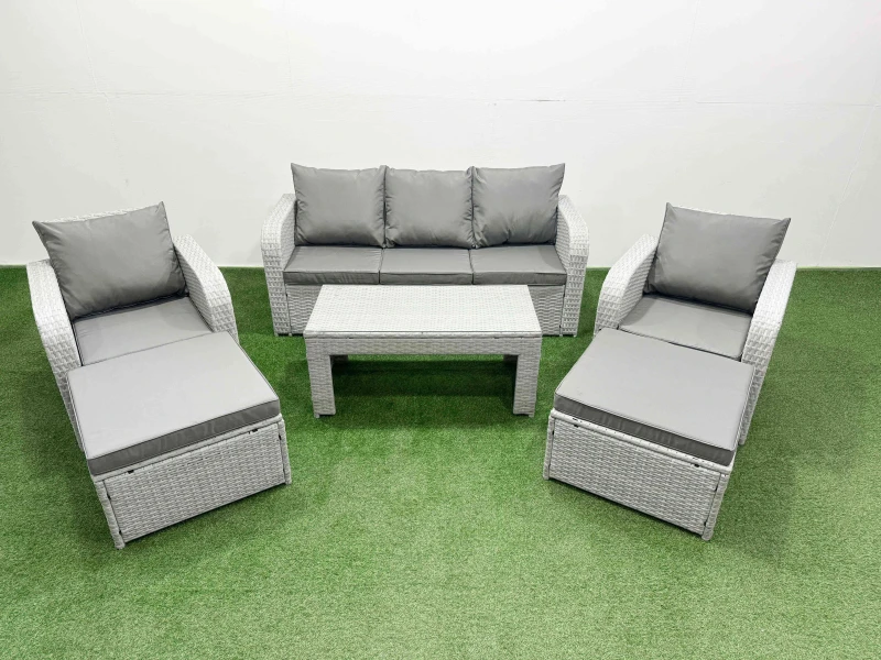 Image of Fimous PE Rattan Garden Furniture Set Reclining Chair Sofa Lounge Sofa Set Rectangular Coffee Table 2 Big Footstool Light Grey Light Grey