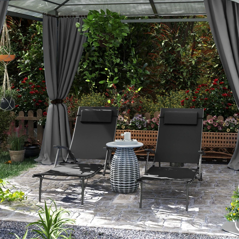 Image of Outsunny Set of 2 Garden Sun Loungers, Folding Chaise Lounge Chairs, Black 84G-632V70BK