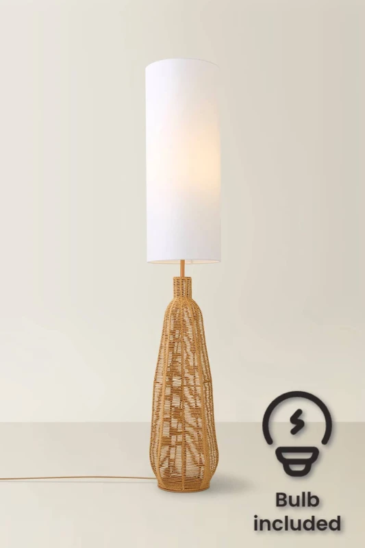 Image of ValueLights ValueLights Una White Tall Lamp Shade Natural Rattan Midi Floor Lamp with LED Bulb White One Size Unisex 5059406066375