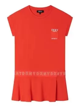 Image of DKNY Girls Frill Hem Logo Dress - Peach, Peach, Size 14 Years, Women