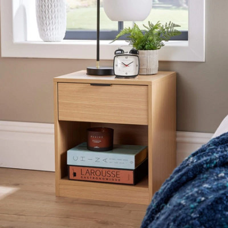 Image of Home Source Phoenix 1 Drawer Bedside Table Nightstand Storage Unit Oak-Effect Bedroom Furniture