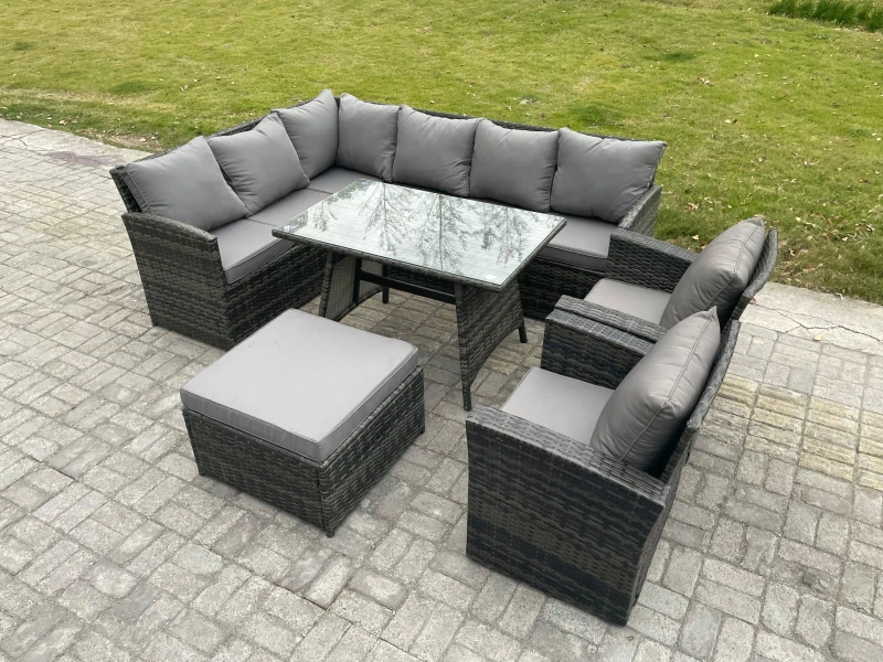 Image of Fimous 9 Seater Rattan Garden Furniture Sets High Back Corner Sofa Rectangular Dining Table Set with Big Footstool 2 Armchairs Dark Grey Mixed Dark Gr