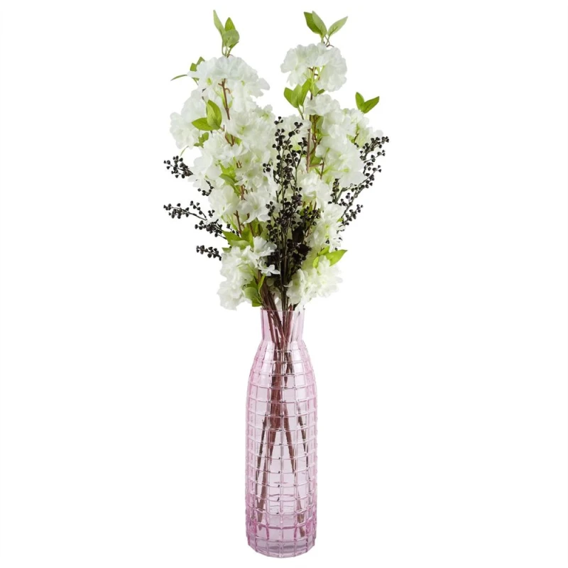 Image of Leaf Leaf 100cm White Artificial Blossom and Berries Glass Vase Dark Pink