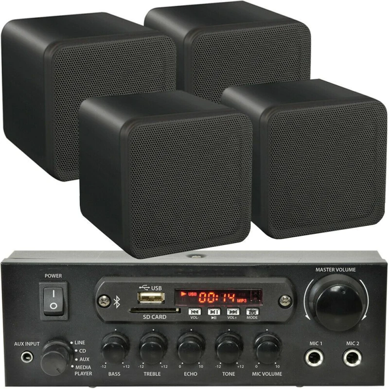Image of Loops 110W Bluetooth Amplifier & 4x 80W Black Speakers Background Wireless HiFi Kit Black unisex