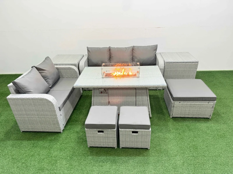 Image of Fimous 8 Seater PE Rattan Wicker Garden Furniture Patio Conservatory Sofa Set with Firepit Dining Table 3 Seater Sofa Love Sofa 3 Stool 2 Side Table L