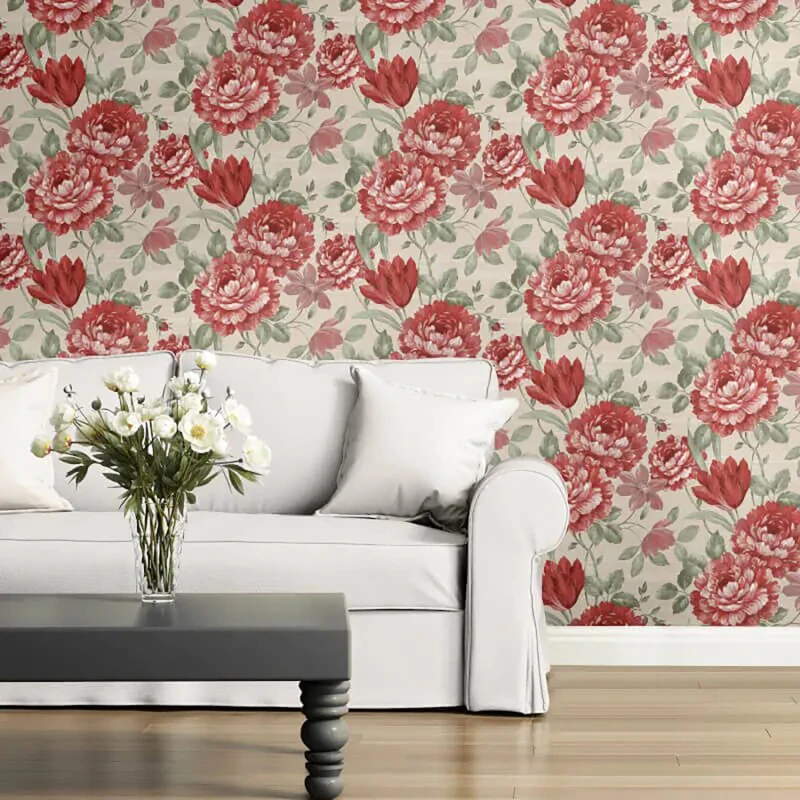 Image of Muriva Fayre Floral Wallpaper, Red & Cream