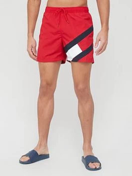 Image of Tommy Hilfiger Slim Fit Medium Drawstring Swim Shorts - Red , Primary Red Size M Men