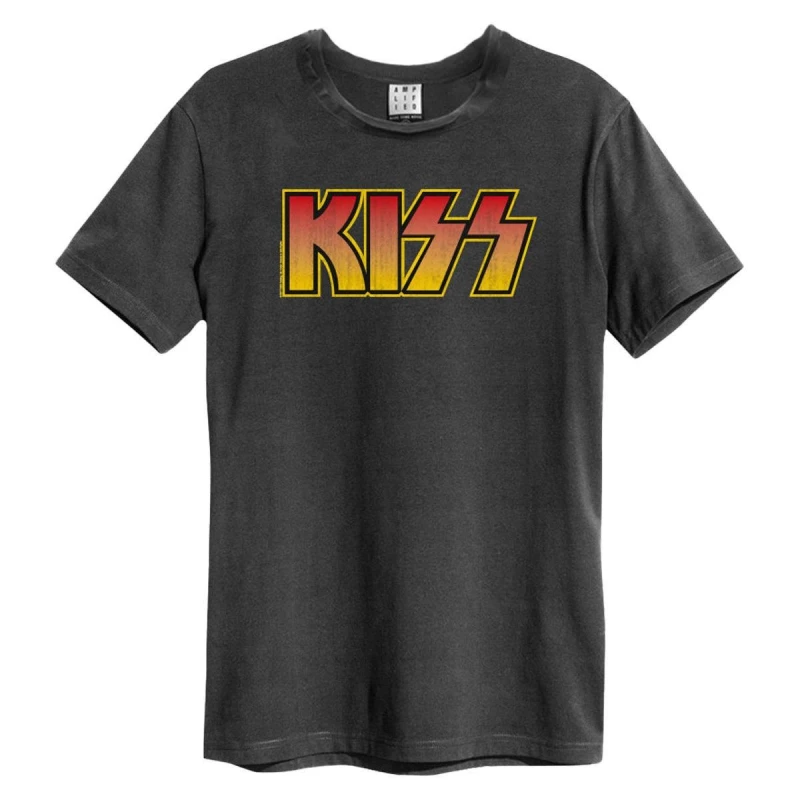 Image of Amplified Amplified Men Classic Distressed Kiss Logo T-Shirt in Charcoal Size: Small Charcoal S Male 5063470339266