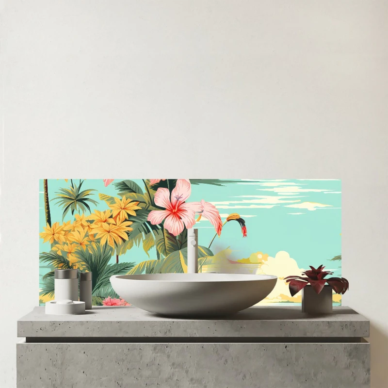 Image of Warren Reed - Designer Palm Trees & Hibiscus Glass Bathroom Splashback in Green Green Unisex