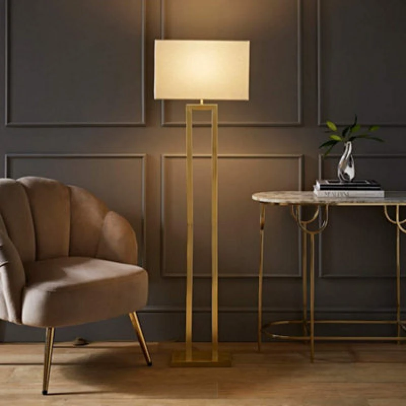 Image of ValueLights ValueLights Gloria Double Stem Metal Floor Lamp with Rectangular Lamp Shade in Metallic Gold Metallic Gold One Size Unisex 5016529271970