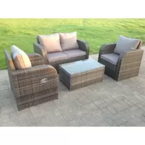 Image of Fimous 4 Seater Outdoor Grey Rattan Lounge Complete Sofa Set with Love Sofa, Reclining Chair, and Rectangular Coffee Table