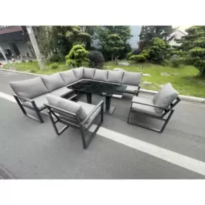 Image of Fimous 9 Seater Outdoor Dark Grey Aluminum Corner Complete Dining Set with Adjustable Rising Lifting Table