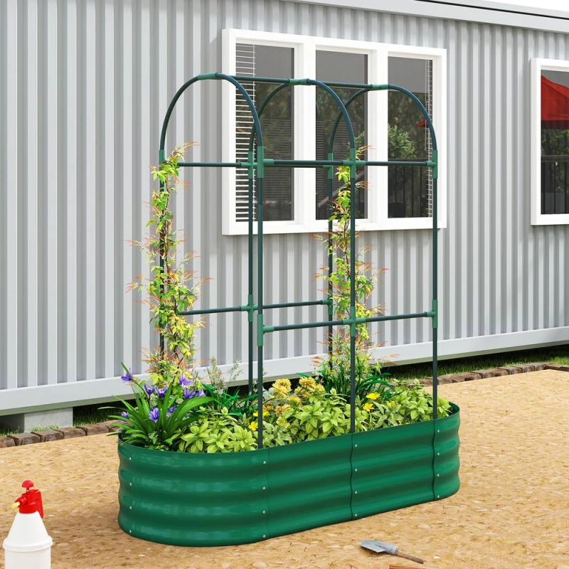 Image of Outsunny 4 x 2 x 4.6ft Galvanised Raised Garden Bed with Trellis, Green 84H-566V00GN