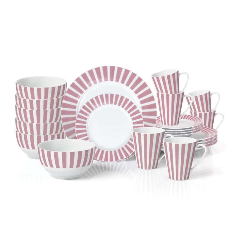 Image of Waterside 24pc Soft Pink Split Stripe Dinner Set, Pink 6298