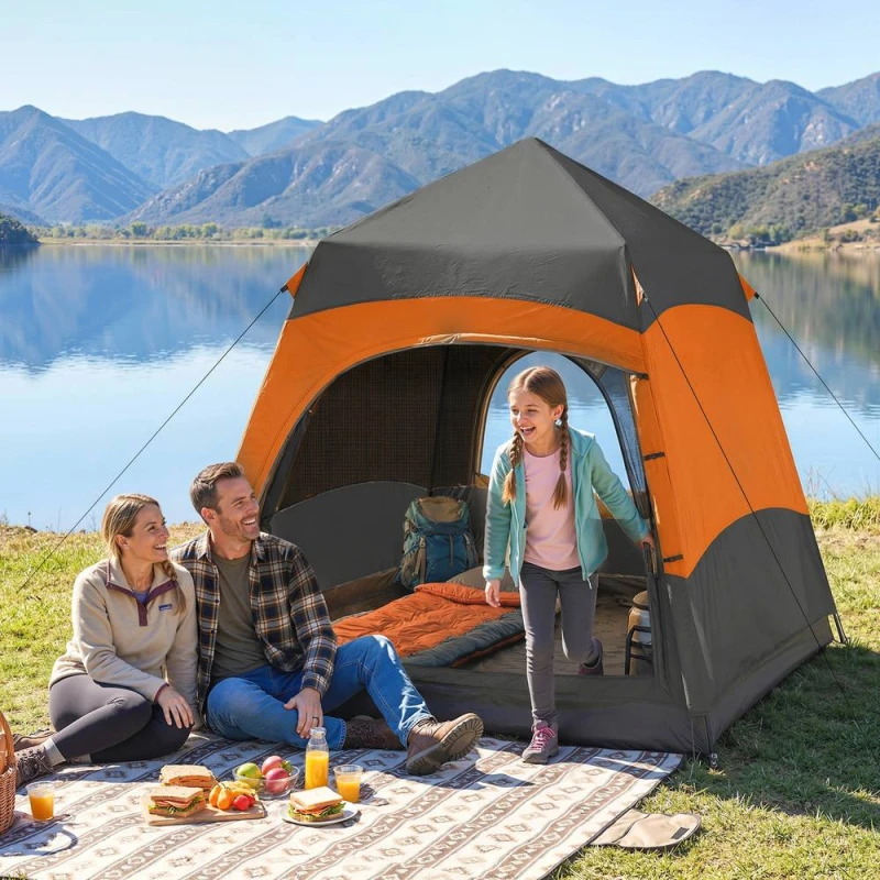 Image of OUTSUNNY Double Layer Pop Up Tent with Rainfly, Portable Camping Shelter in Orange Orange Unisex